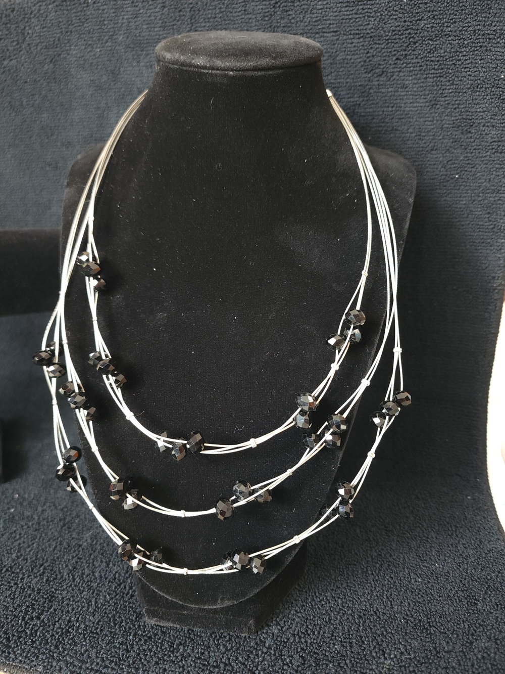 Multi-Strand Silver Tone Wire, Black Rhinestone Beaded Necklace - Women Jewelry